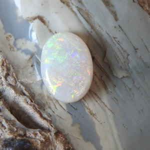 Custom Made Silver Ring with Australian Coober Pedy White Opal Multi-Color